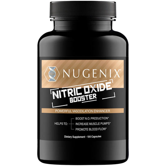 Nugenix Nitric Oxide Booster bottle front showing athletic branding for workouts