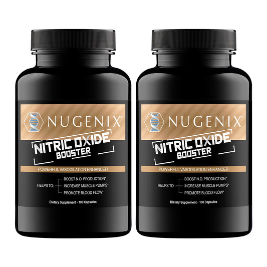 Nugenix Nitric Oxide Booster bottle supporting steady blood flow during workouts.