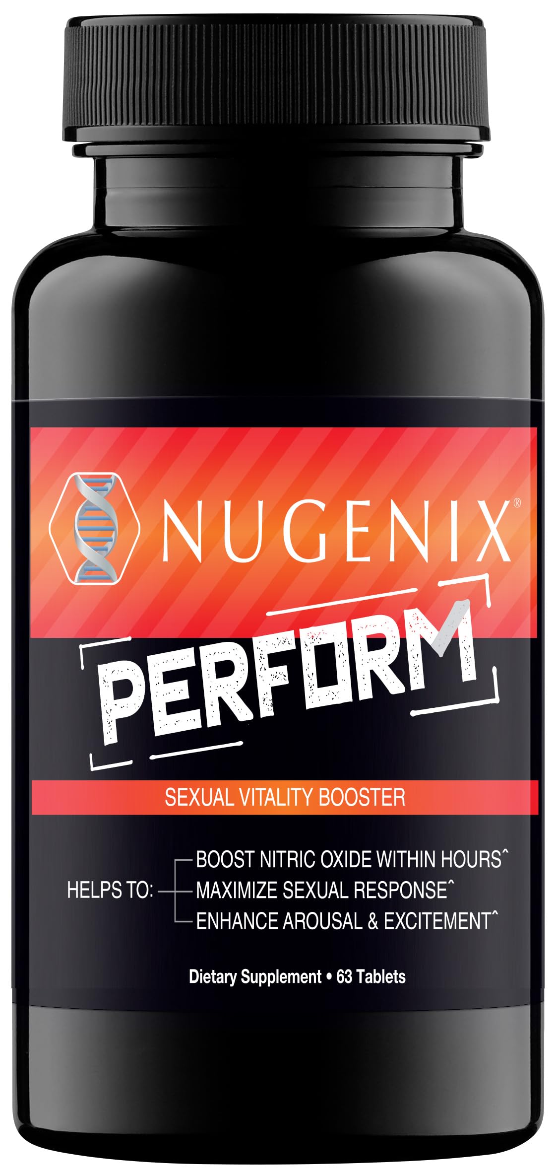 Nugenix Perform bottle front view showing nitric oxide support for stamina