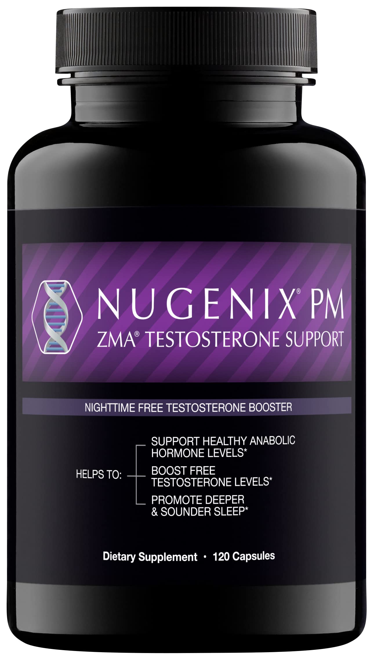 Nugenix PM ZMA bottle and capsules on a nightstand, suggesting sleep support