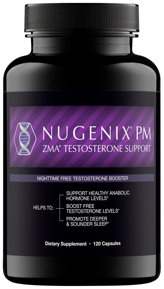 Nugenix PM ZMA bottle and capsules on a nightstand, suggesting sleep support