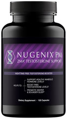 Nugenix PM ZMA bottle and capsules on a nightstand, suggesting sleep support