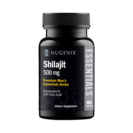 Nugenix Shilajit 500mg bottle showcasing potent Himalayan extract for daily vitality