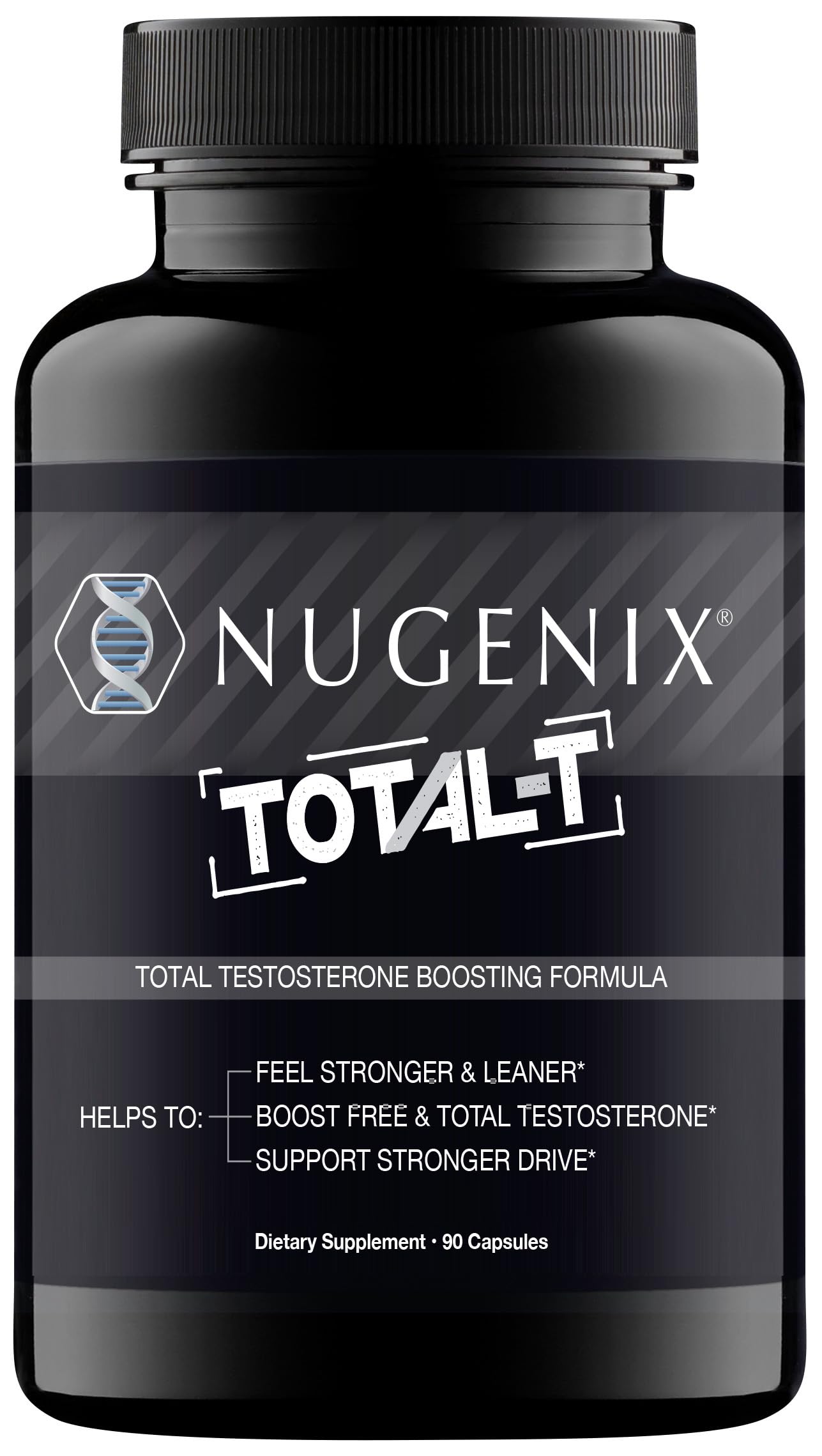 Nugenix Total-T bottle front, signaling energy support for workouts.