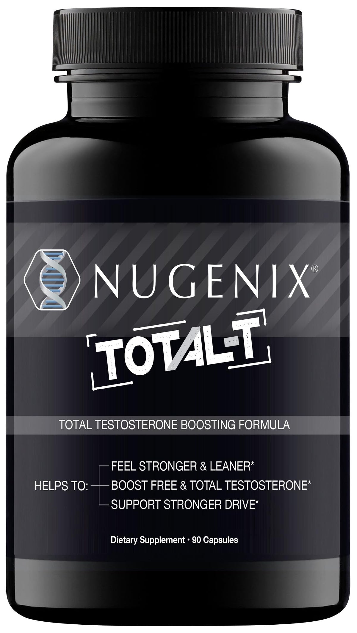 Nugenix Total-T bottle front, signaling energy support for workouts.
