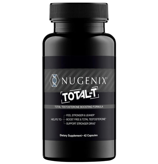 Nugenix Total-T bottle front showing bold packaging for daily testosterone support