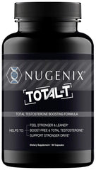 Nugenix Total-T bottle front, signaling energy support for workouts.