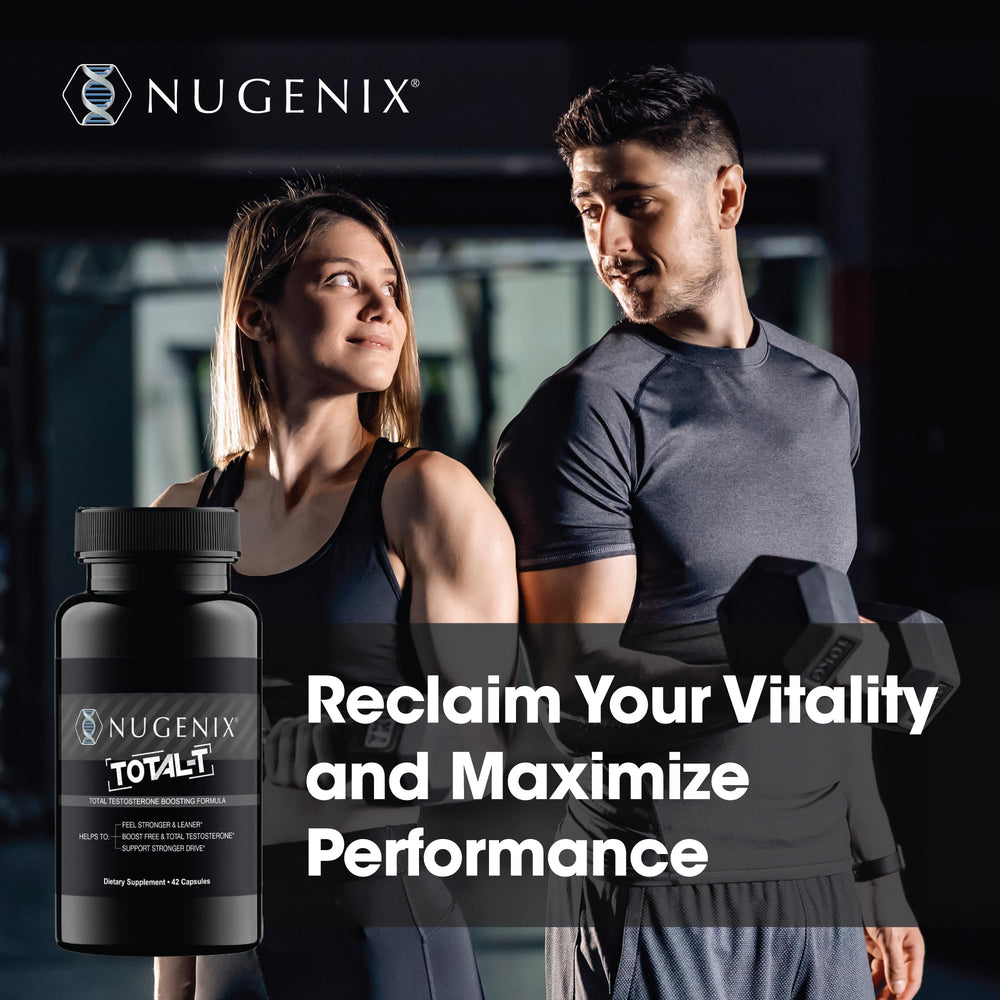 Nugenix Total-T packaging on desk conveying premium formula and US-sourced ingredients