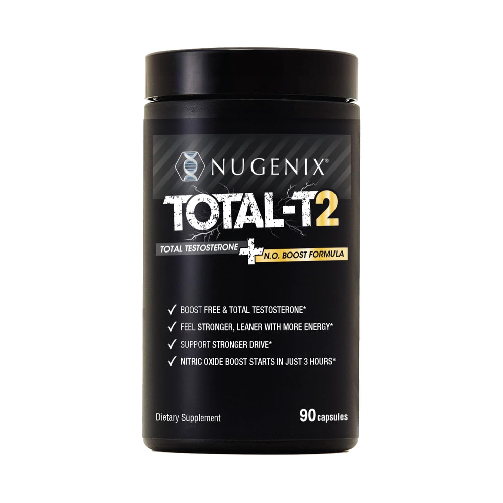 Nugenix Total-T2 bottle front view for daily energy and performance support.