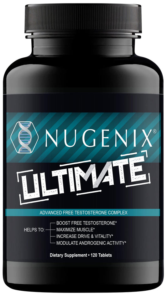 Nugenix Ultimate bottle front view highlighting premium formula for workouts.