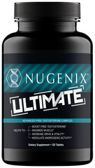 Nugenix Ultimate bottle front view highlighting premium formula for workouts.