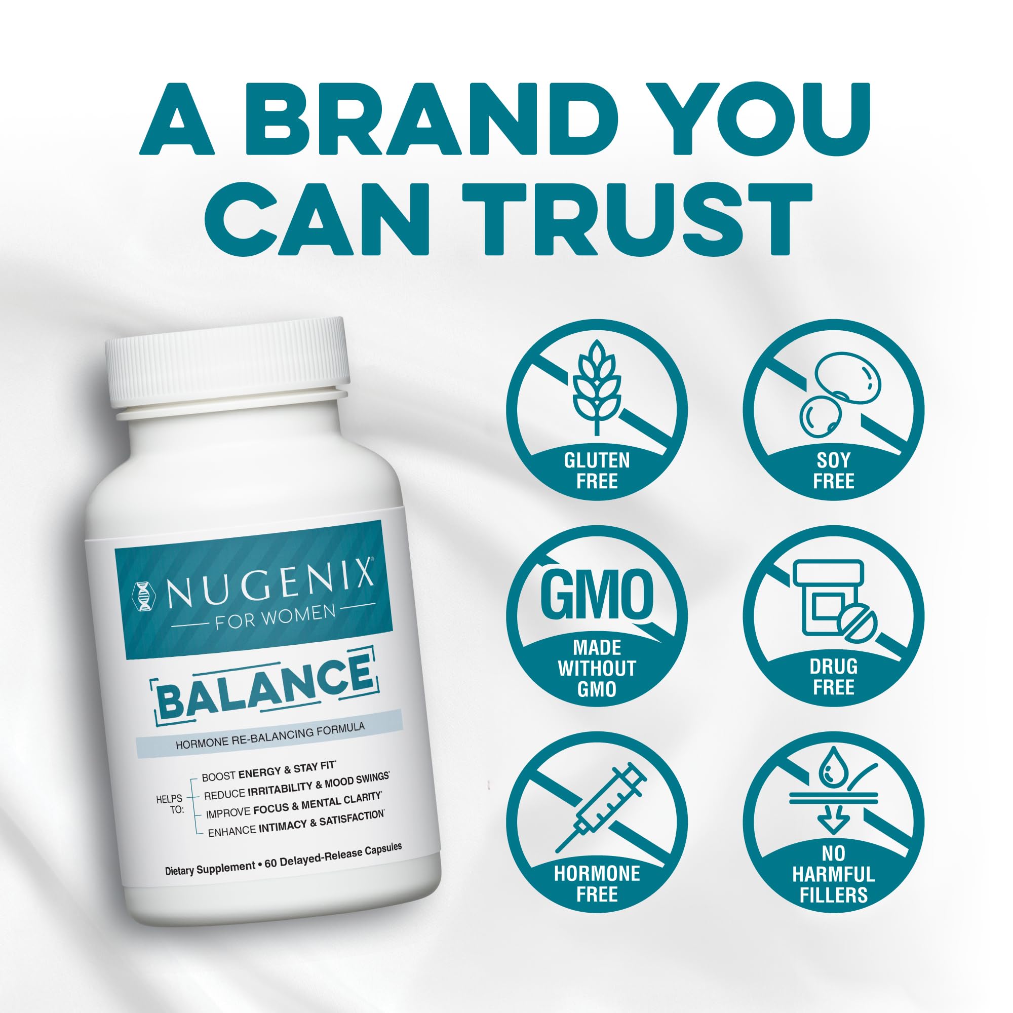 Nugenix Women Balance capsules close-up highlighting Ashwagandha and turmeric