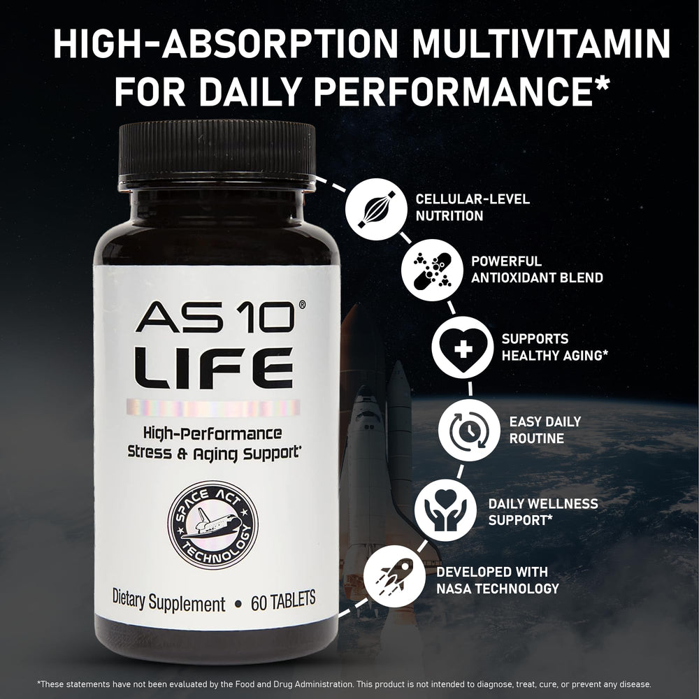 AS10 Life bottle label close-up highlighting key ingredients and BioRelease.