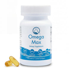 Nugevity Omega Max bottle with label highlighting omega-3 for heart and brain.