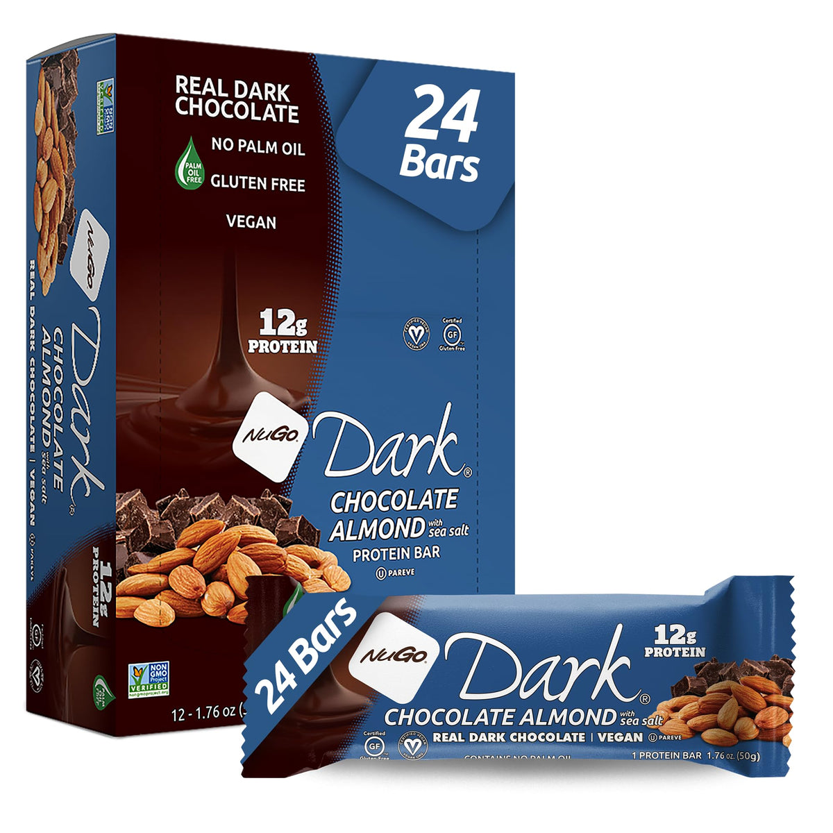 NuGo Dark Almond with Sea Salt bar in package, premium flavor for a satisfying snack