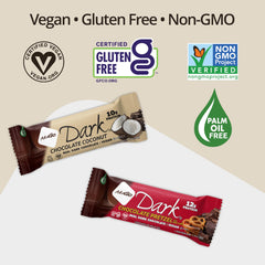 NuGo Dark bar dipped in real dark chocolate, glossy coating and indulgent texture.