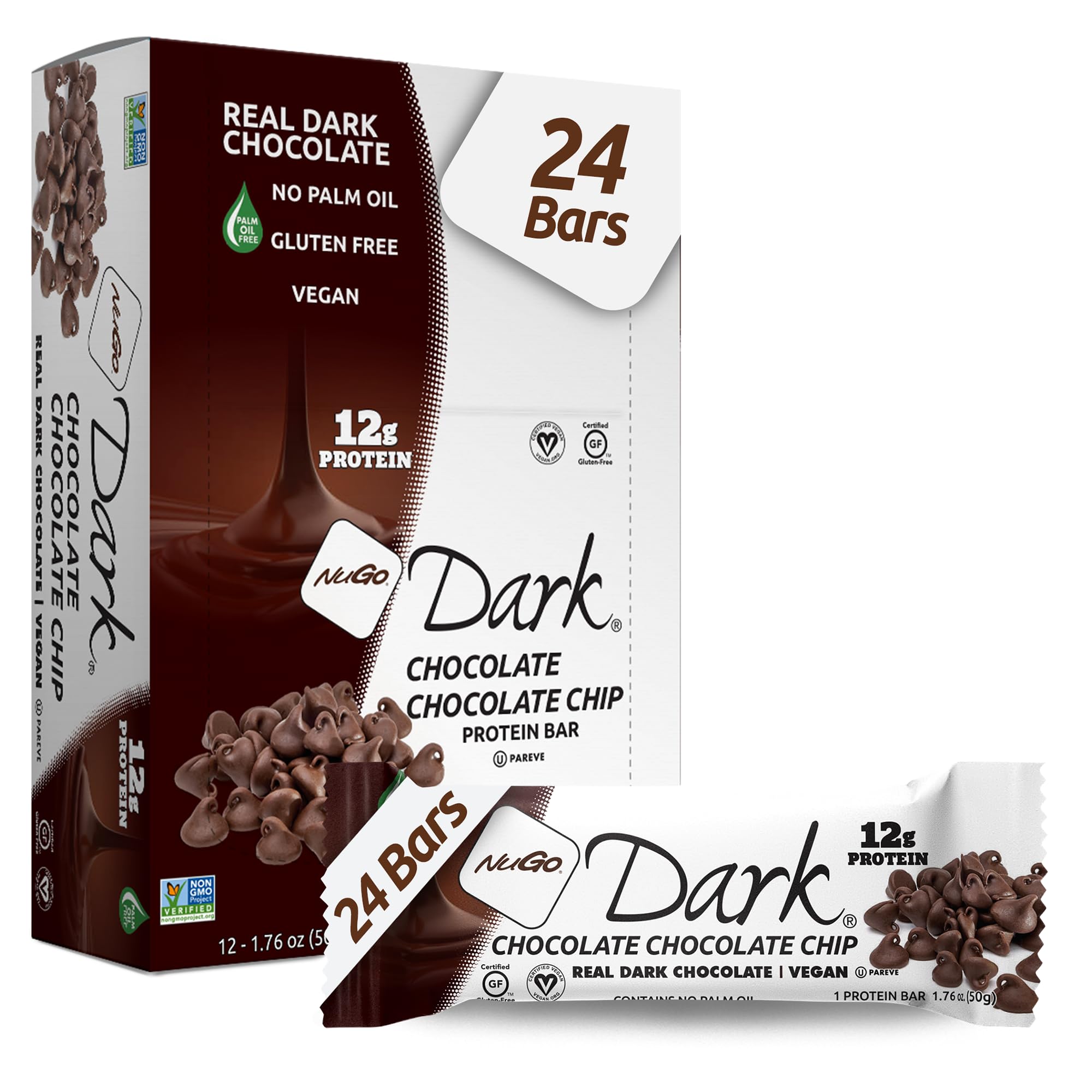 NuGo Dark Chocolate Chip bar packaging shows real dark chocolate and protein-rich nutrition