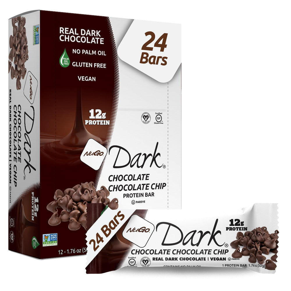 NuGo Dark Chocolate Chip bar packaging shows real dark chocolate and protein-rich nutrition