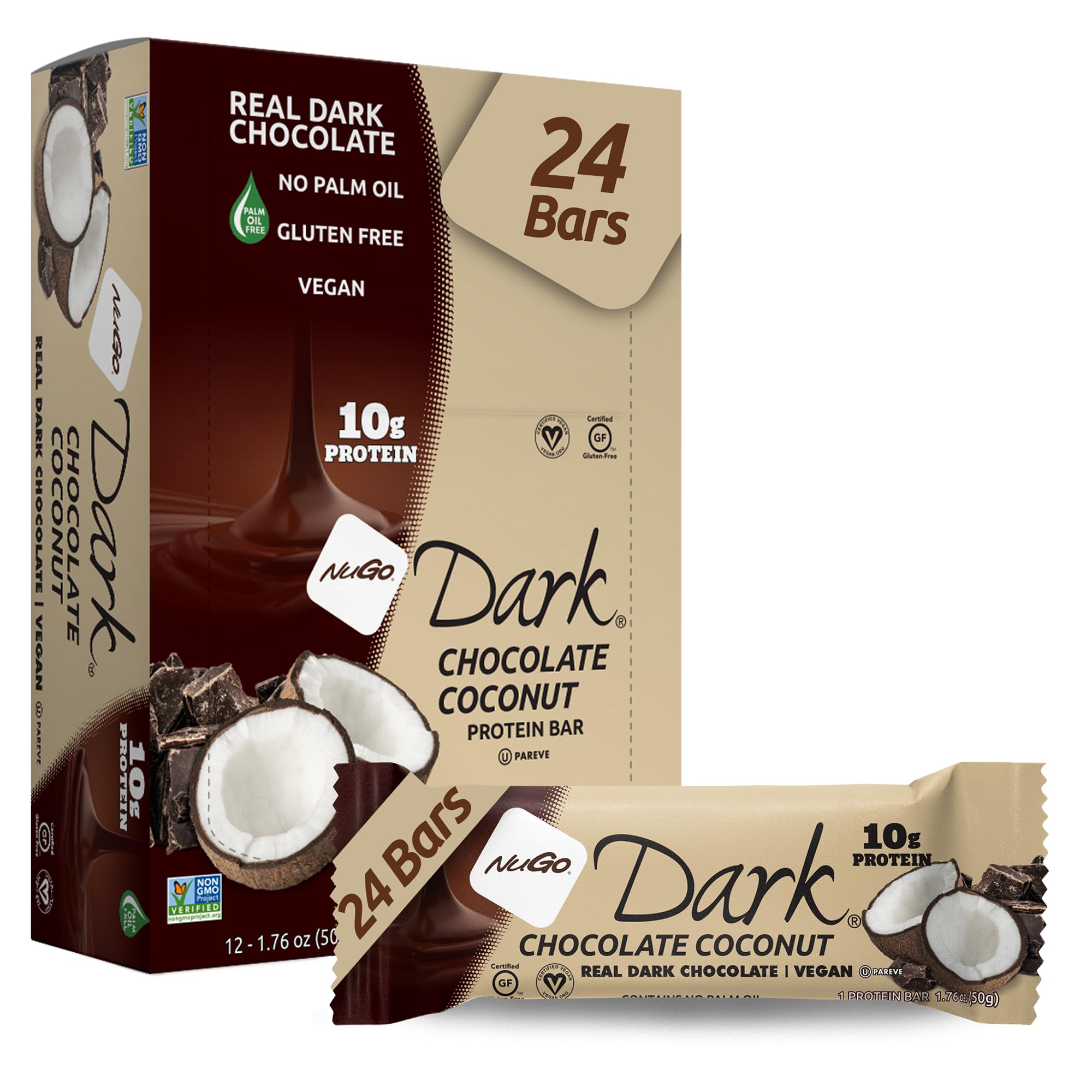NuGo Dark Chocolate Coconut bar packaging highlighting vegan and gluten-free snack