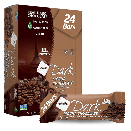 NuGo Dark Chocolate Mocha bar with real dark chocolate coating for a protein snack.