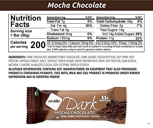 Kosher Pareve logo on NuGo Dark Chocolate Mocha bar packaging.