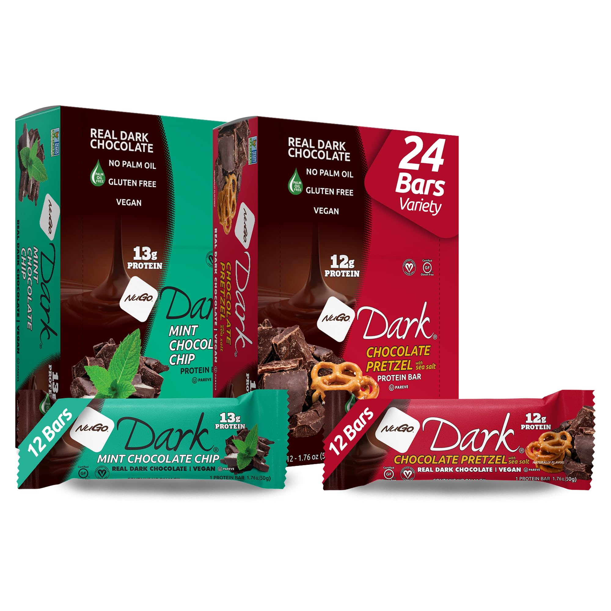 NuGo Dark Chocolate Pretzel bar offers rich cocoa and crunch as a protein snack.