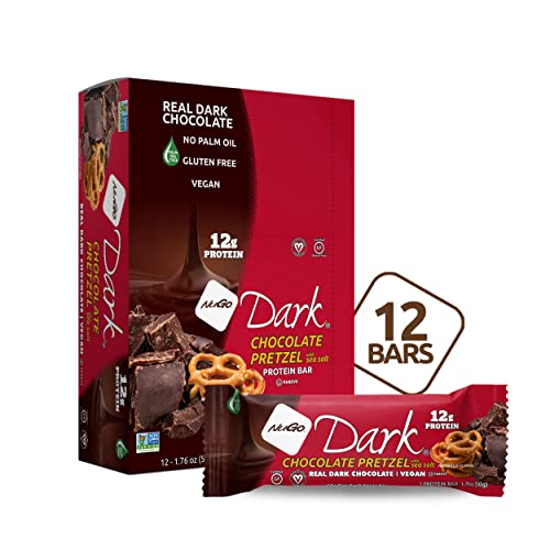Cross-section of NuGo Dark Chocolate Pretzel w/ Sea Salt bar showing chocolate and pretzel