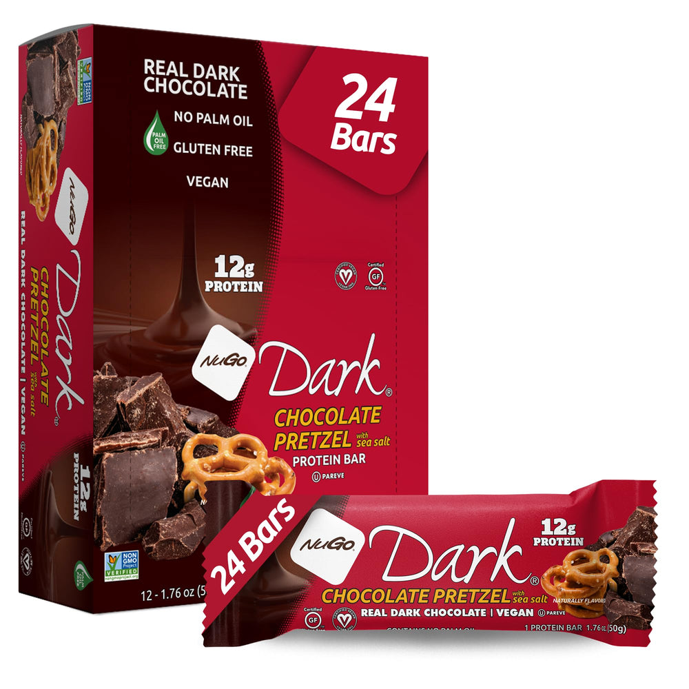NuGo Dark Chocolate Pretzel and Sea Salt bar close-up showing rich chocolate and pretzel crunch.