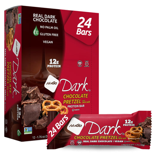 NuGo Dark Chocolate Pretzel and Sea Salt bar close-up showing rich chocolate and pretzel crunch.