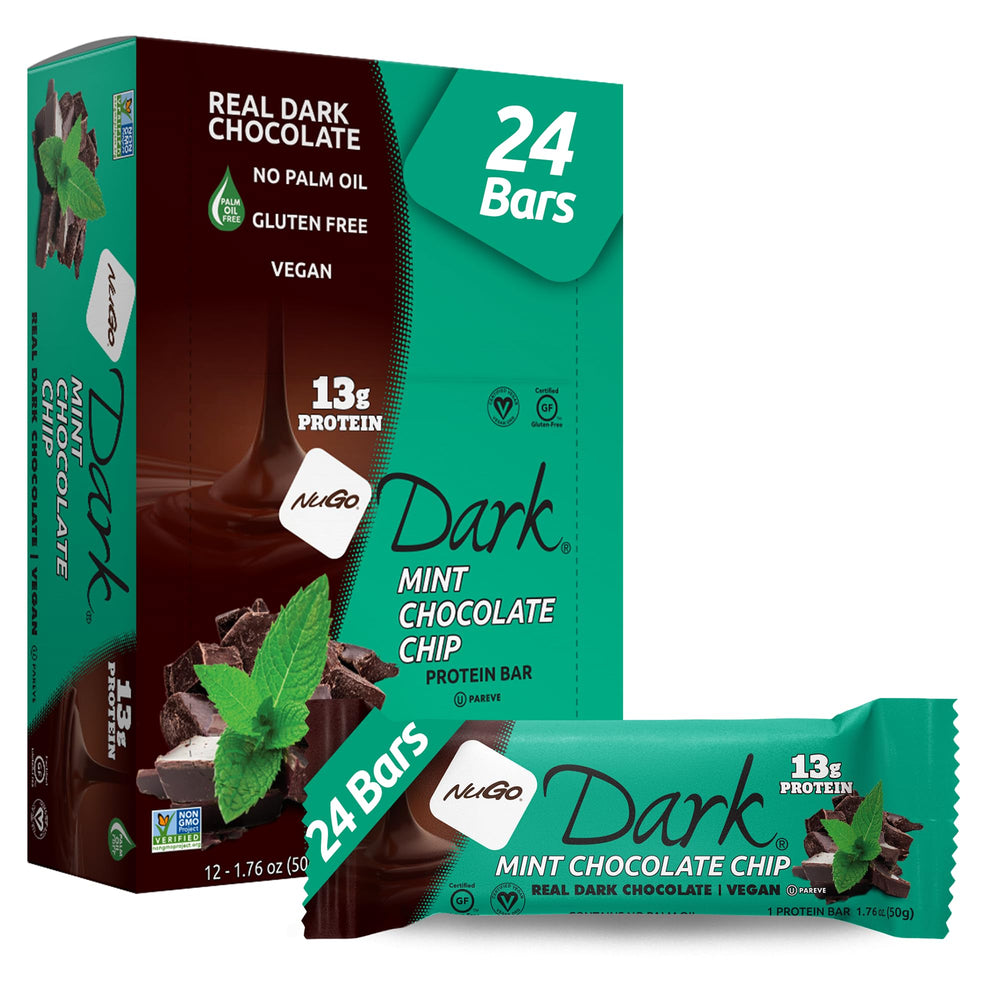 NuGo Dark Mint Chocolate Chip bar dipped in real dark chocolate for indulgent flavor and protein.