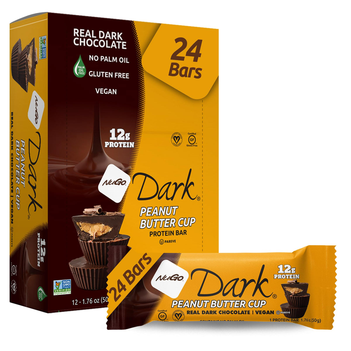 NuGo Dark Peanut Butter Cup bar packaging emphasizing vegan and gluten-free status.