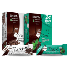 Nugo Dark Mint Chocolate Chip box front with premium dark chocolate for a protein snack.
