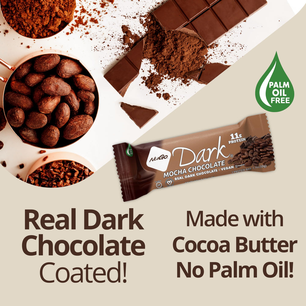NuGo Dark vegan-certified badge, certified vegan snack.