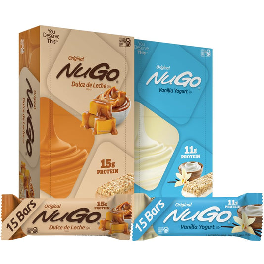 NuGo Dulce de Leche bar with caramel crunch; high protein snack for active days.