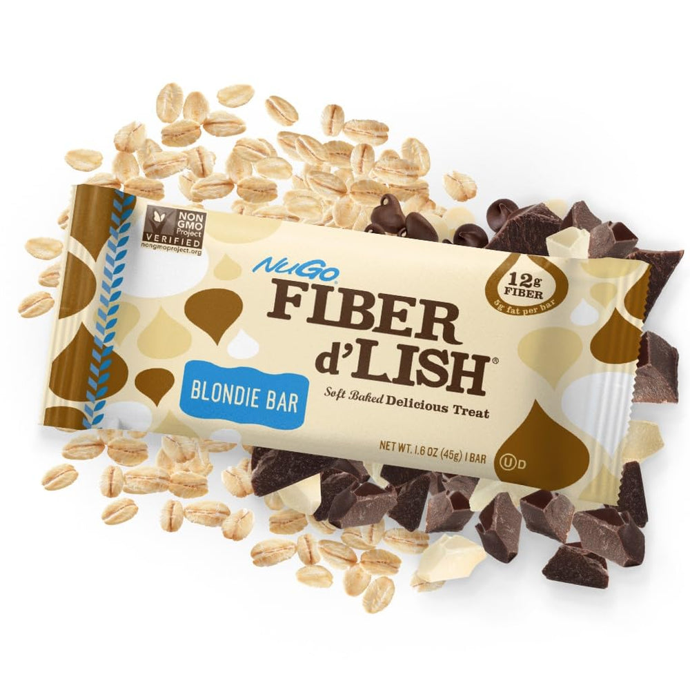 Blondie bar with visible nuts and fruit hints at satisfying snack