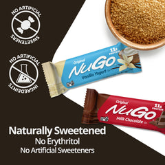 NuGo gluten-free protein bars displayed on a counter for convenient snacking