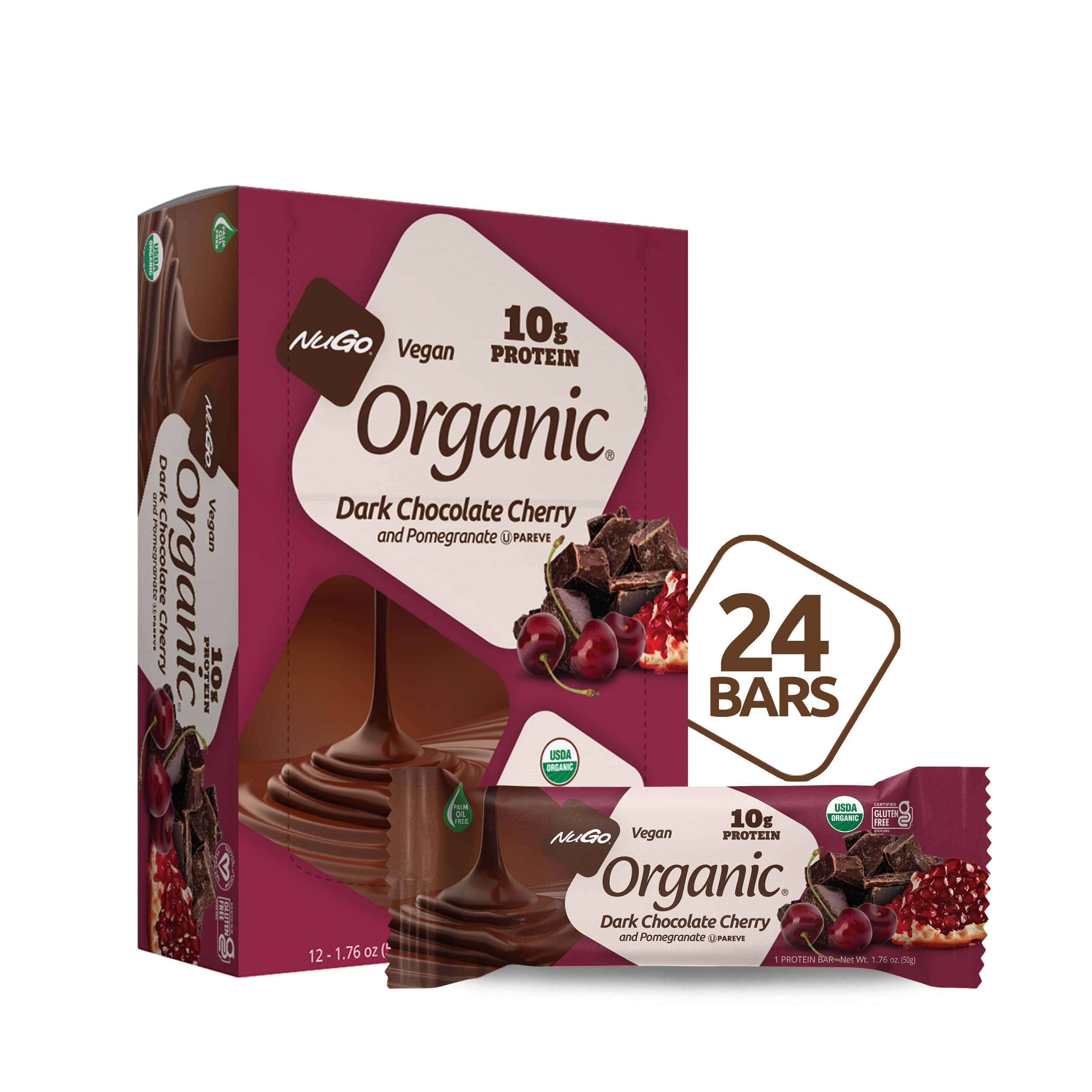 NuGo Organic Dark Chocolate Pomegranate packaging highlights vegan protein benefits.