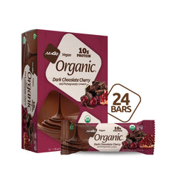 NuGo Organic Dark Chocolate Pomegranate packaging highlights vegan protein benefits.
