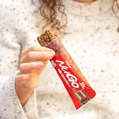NuGo Original Milk Chocolate bar close-up highlighting rich coating.