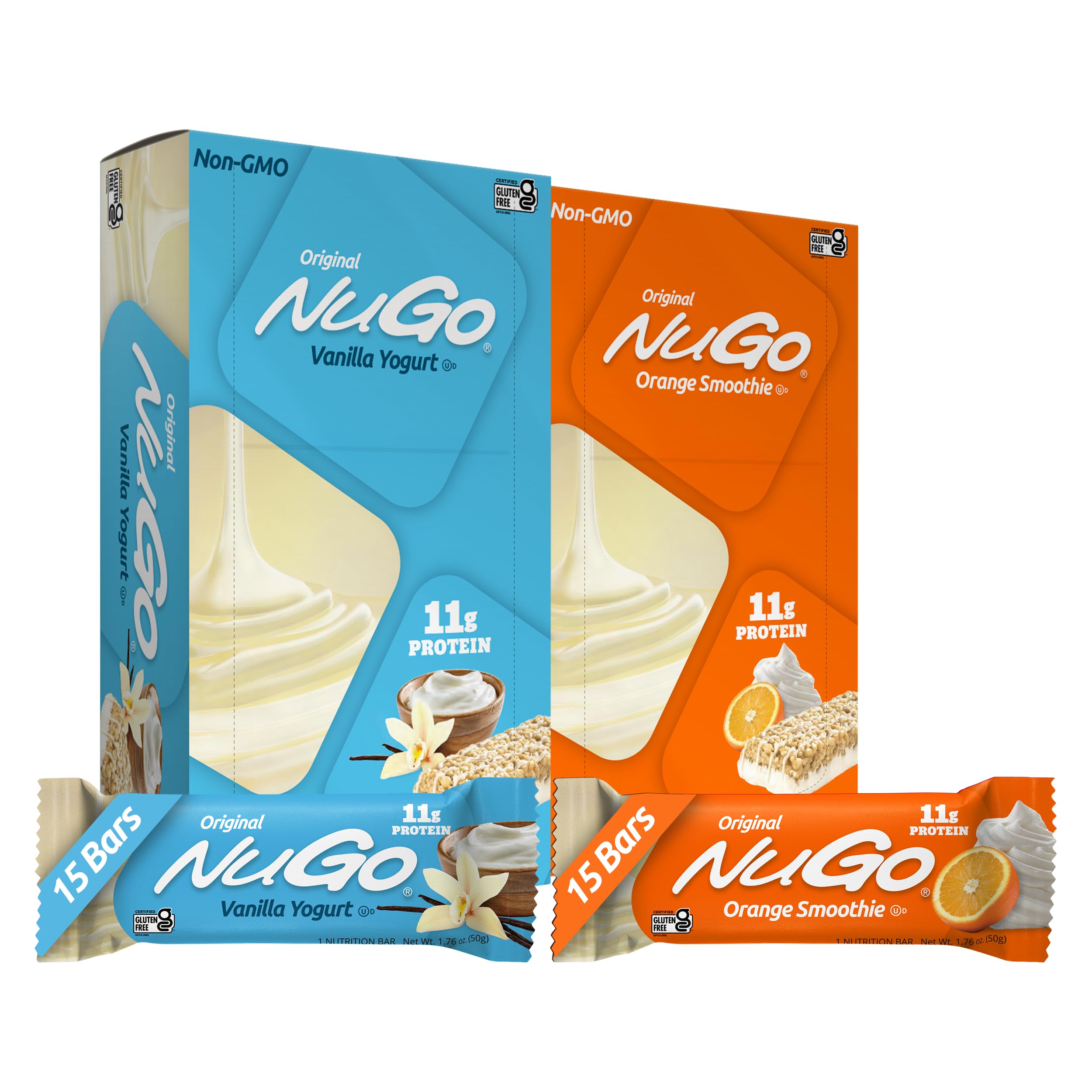 NuGo Original Vanilla Yogurt bar with creamy coating, protein-packed family snack.