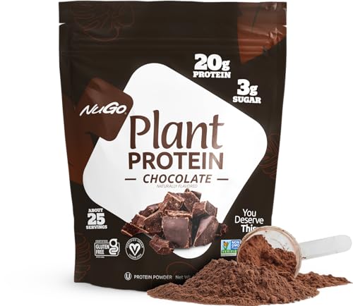 NuGo Plant Protein Powder Chocolate canister with scoop for protein-rich fueling