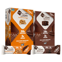 NuGo Slim Crunchy Peanut Butter bar on a kitchen counter for a quick, protein-rich snack