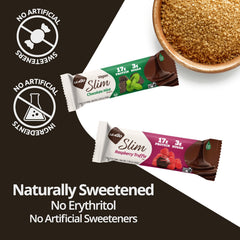 Close-up of NuGo Slim bar with chocolate coating.