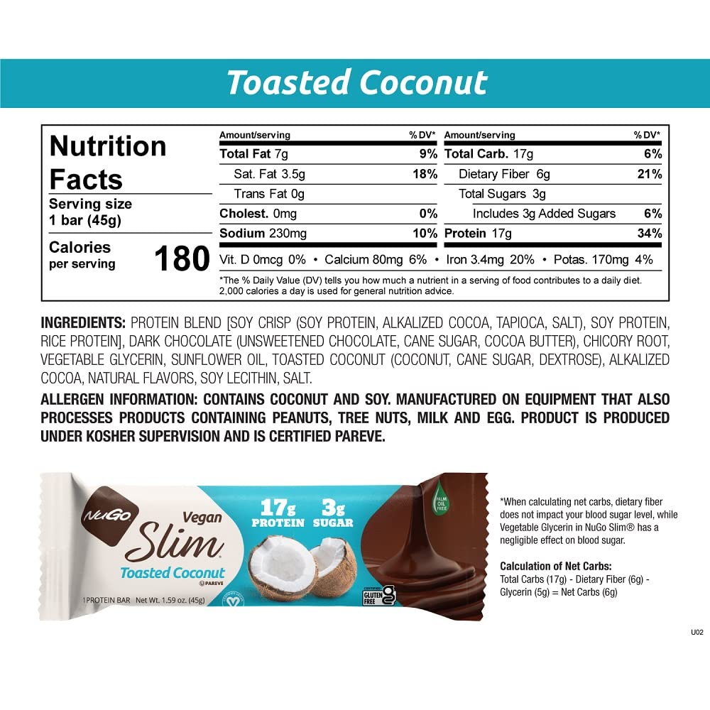 NuGo Slim nutrition panel visible on packaging.