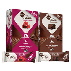 NuGo Slim Brownie Crunch bar front view, high-protein, low-sugar snack option.