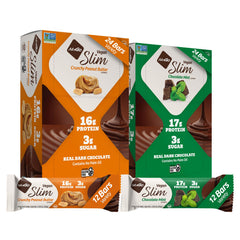 NuGo Slim Crunchy Peanut Butter bar close-up, protein-rich texture for a quick energy bite