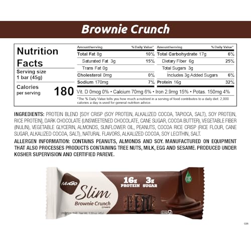 Close-up of NuGo Slim bar with dark chocolate coating and brownie crunch