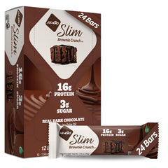 NuGo Slim dark chocolate brownie crunch packaging highlights protein and gluten-free status