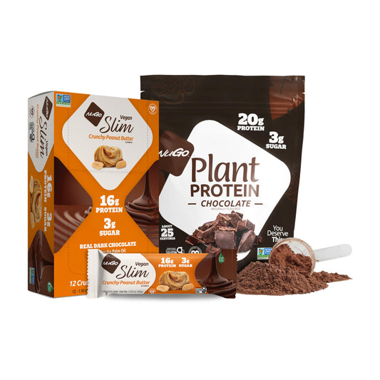 NuGo Slim dark chocolate crunchy peanut butter bar close-up shows a protein-packed on-the-go snack.