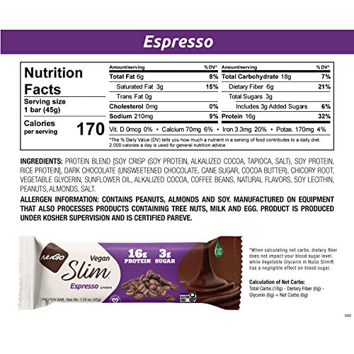 NuGo Slim Dark Chocolate Espresso bar front shows rich dark chocolate coating.